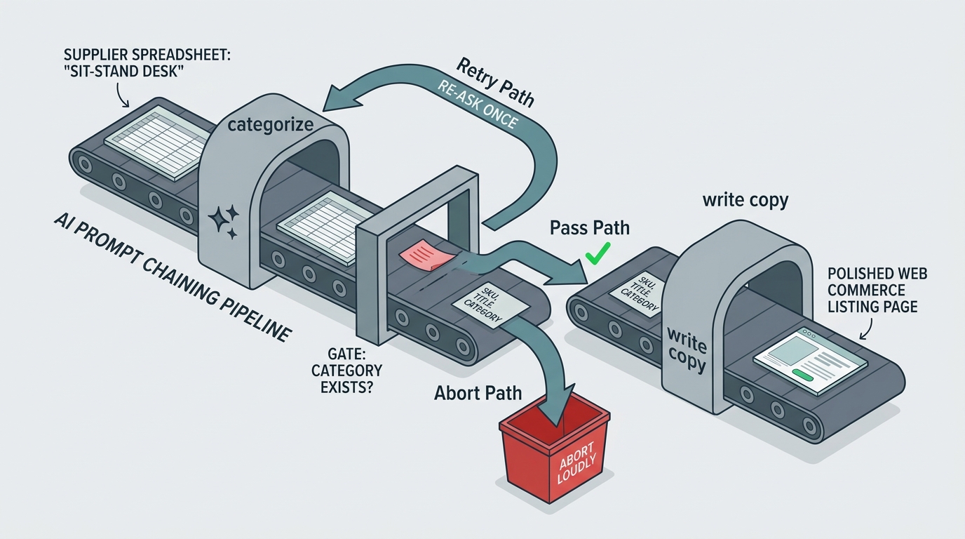 A conveyor-belt illustration of the gated chain: a categorize station reads the supplier spreadsheet, a gate checks that the category exists, a failed check loops back for one re-ask or drops to a loud abort, and only a small card carrying sku, title, and category rides forward to the write-copy station.