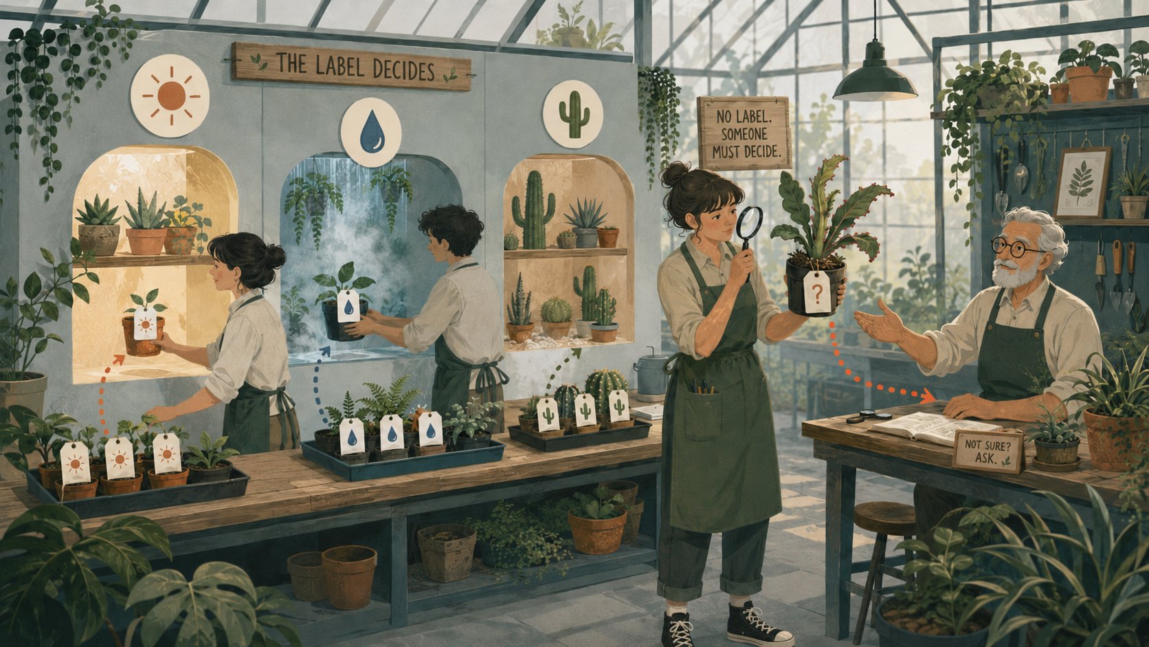 A greenhouse illustration of the same split: plants that arrive with a care tag are shelved into the alcove matching their tag, under a sign reading "the label decides"; one plant arrives untagged, so a gardener inspects it herself under a sign reading "no label, someone must decide", and a senior gardener sits at a nearby desk with a placard reading "not sure? ask".